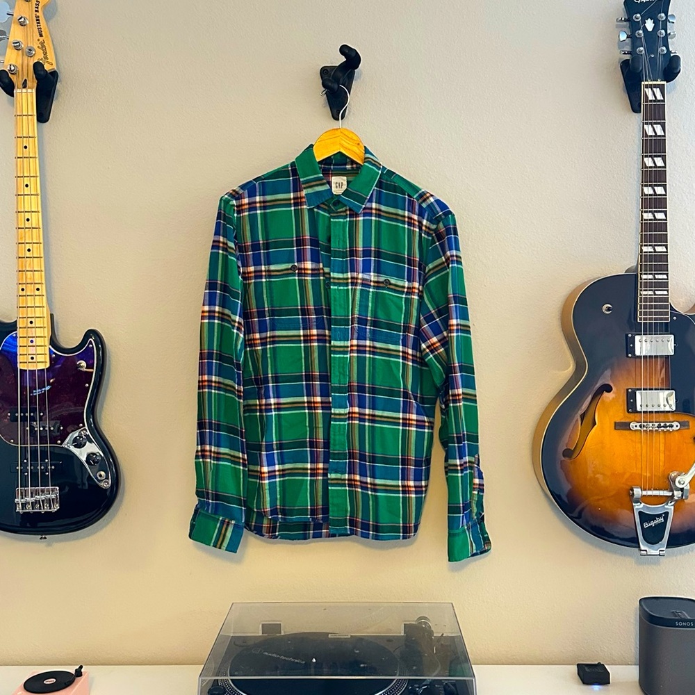 GAP Green Plaid, Long-Sleeve, Button-Down Flannel.